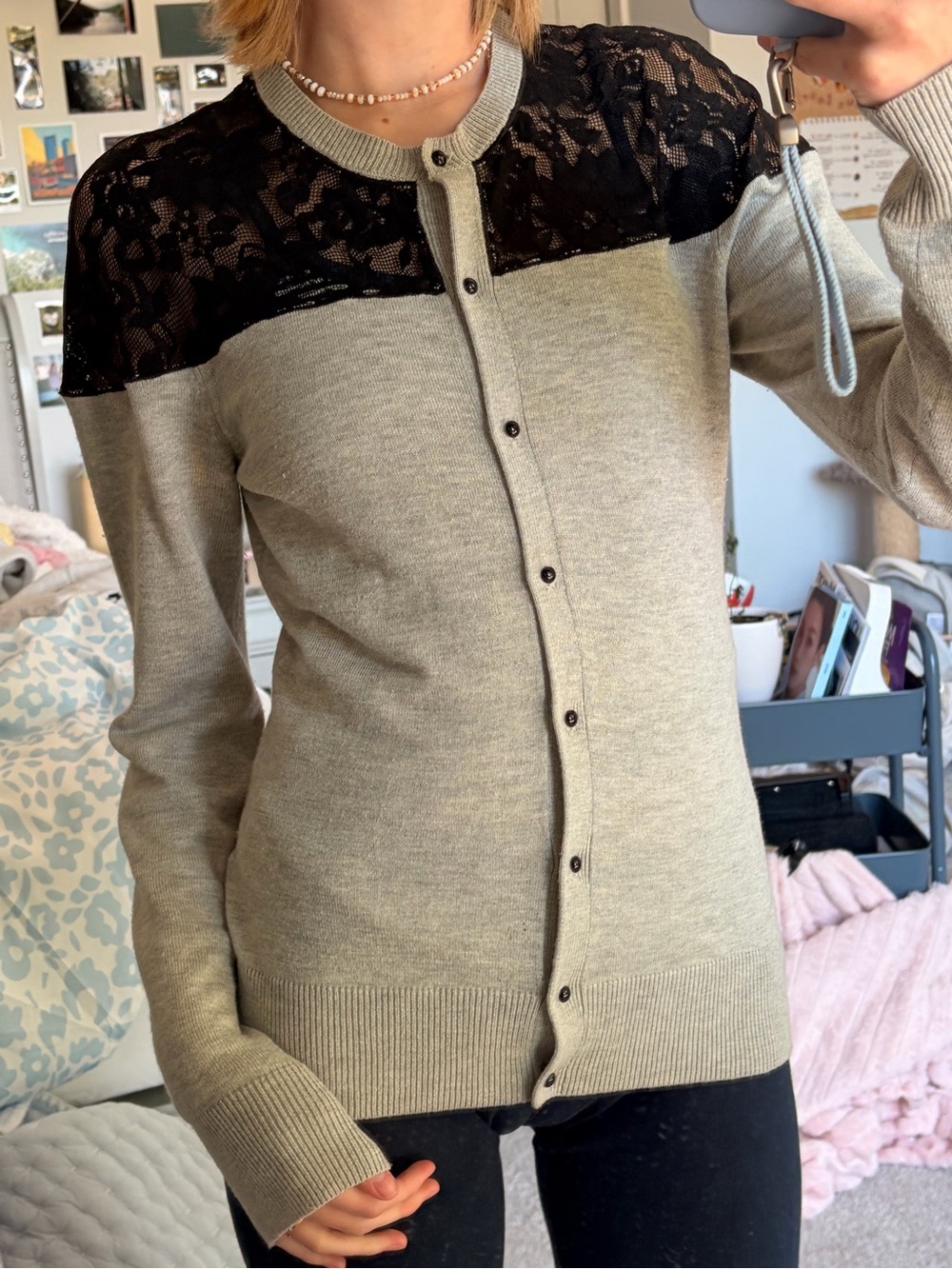 Mexx Light Gray Cardigan with Black Lace Yoke